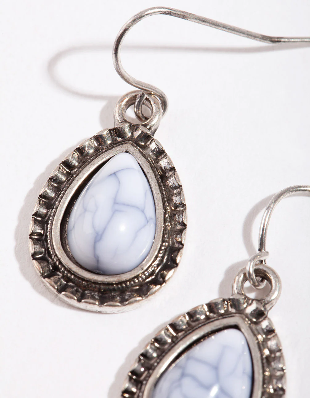 Antique Silver Etched Tear Simple Drop Earrings - Image 2