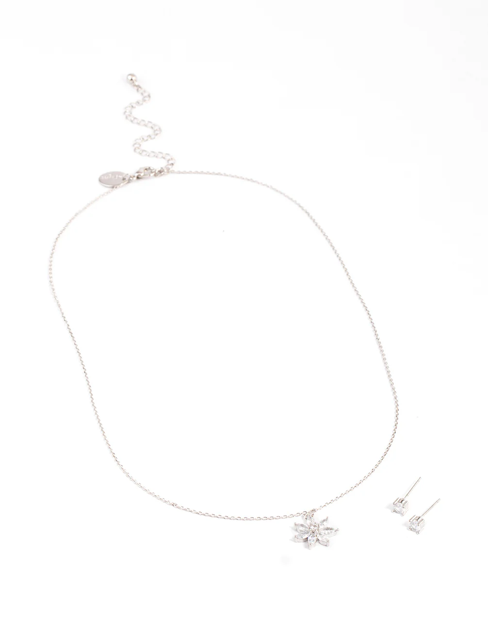 Silver Cubic Zirconia Marquise Flower Earrings & Necklace Set - Image 2