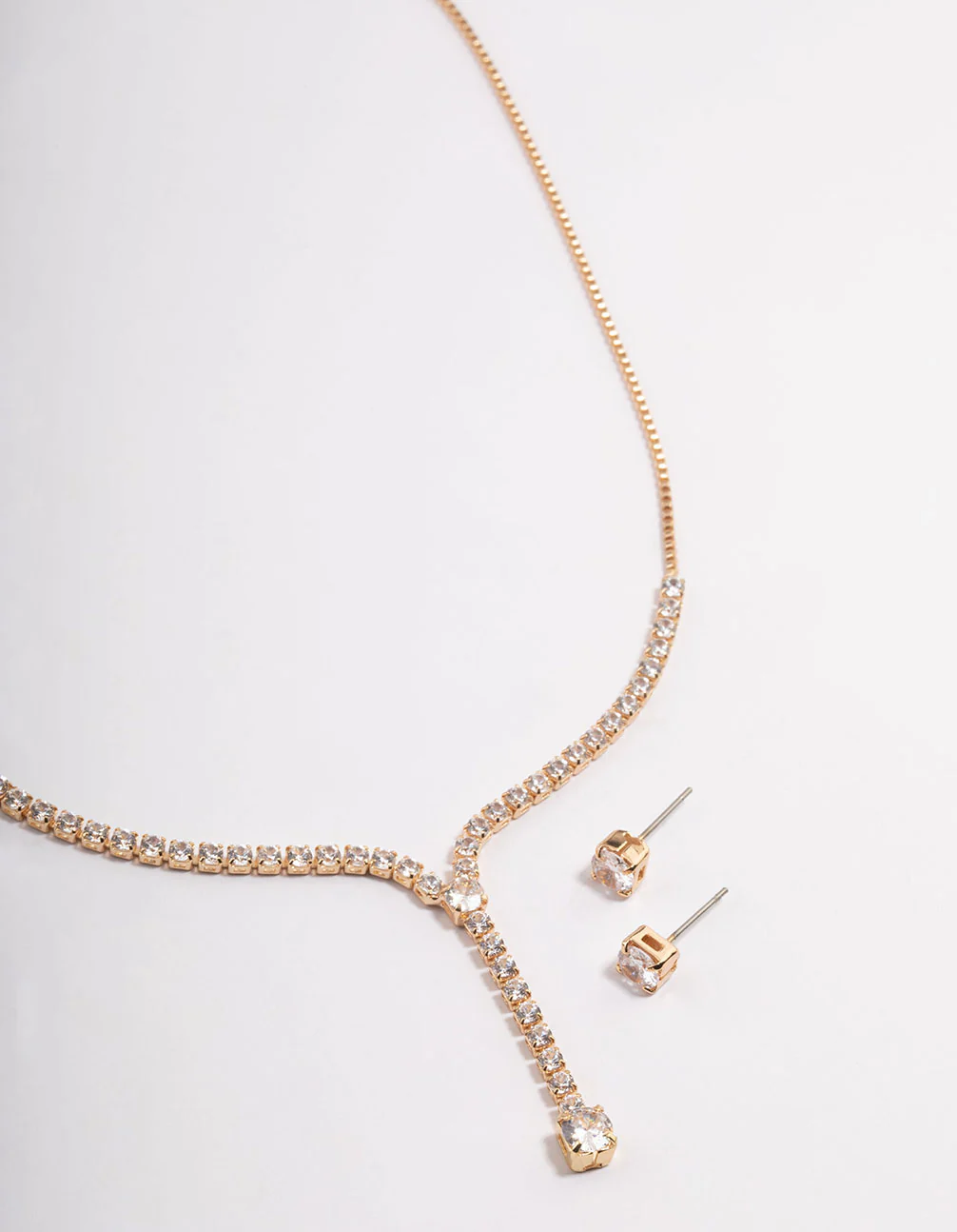 Gold Cubic Zirconia Y-Neck Earrings & Necklace Set