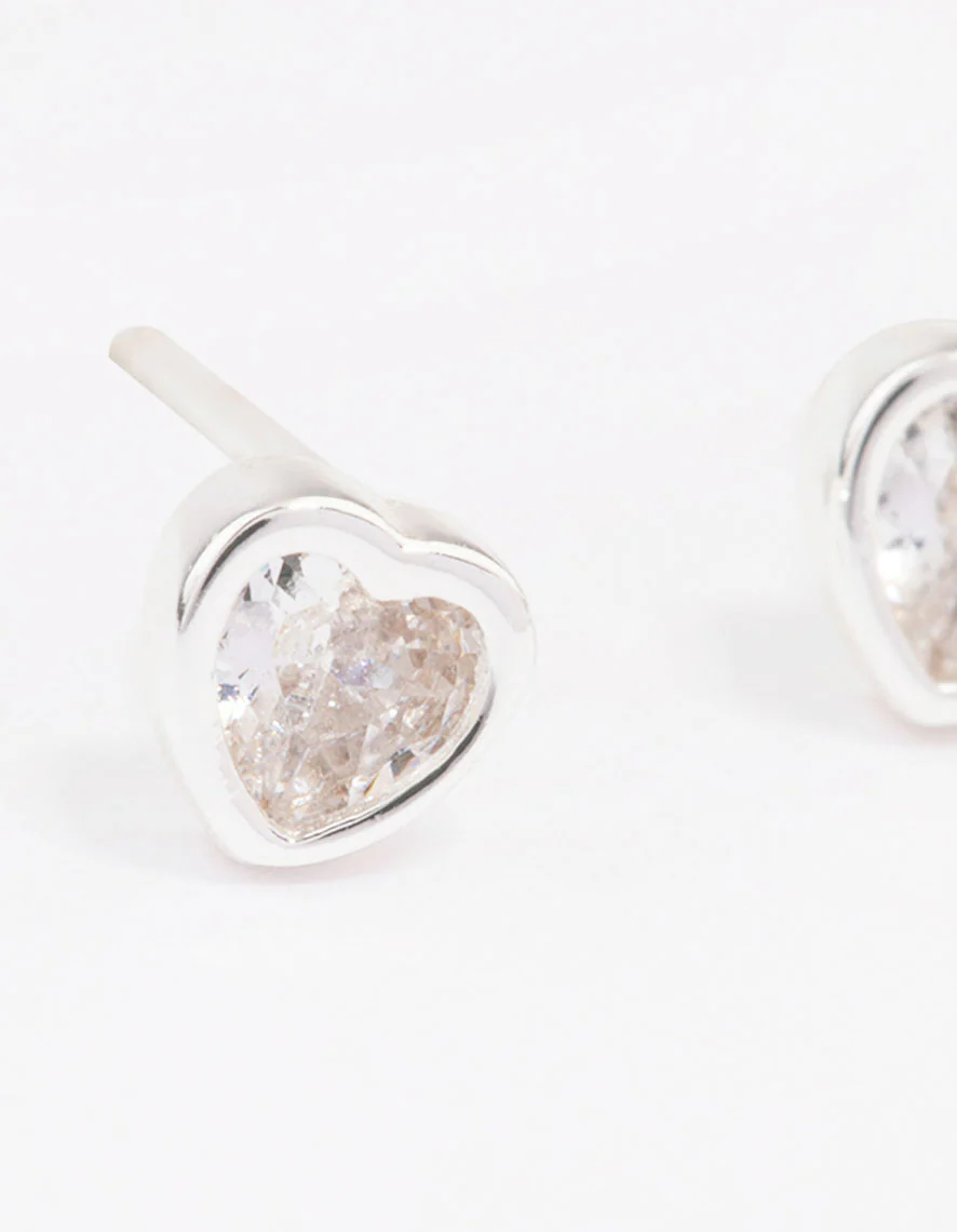Sterling Silver Diamante Heart Stud Earrings - Image 2