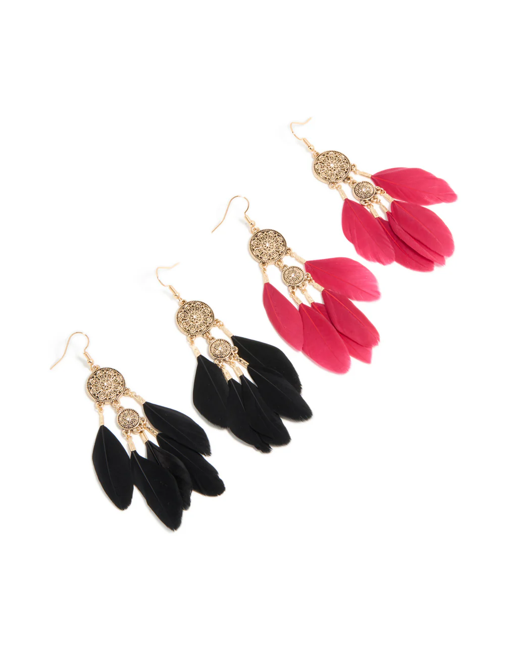 Antique Gold Black & Pink Boho Feather Drop Earrings Pack - Image 2