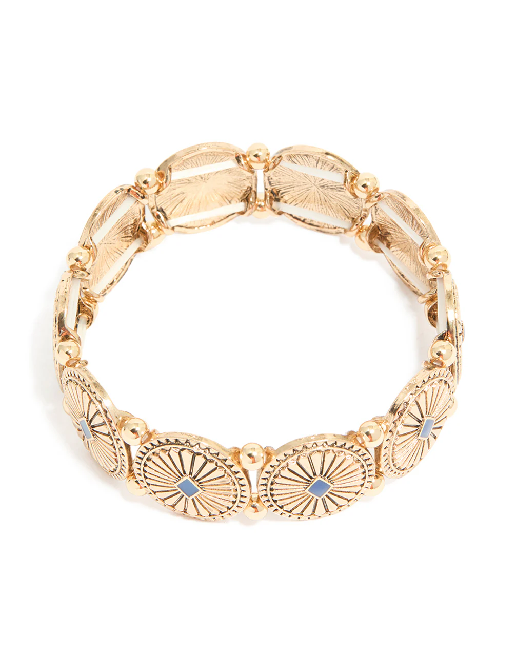Antique Gold Blue Oval Disc Boho Stretch Bracelet - Image 2