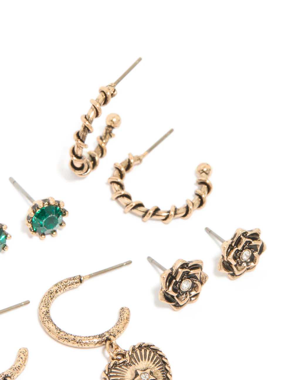 Antique Gold Chain Cross & Heart Earrings 6-Pack - Image 3