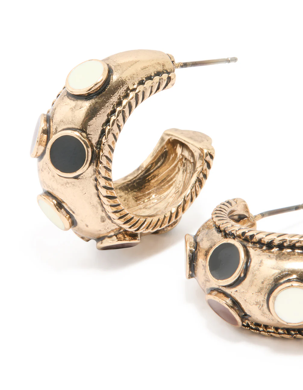 Antique Gold Enamel Circles Hoop Earrings - Image 2