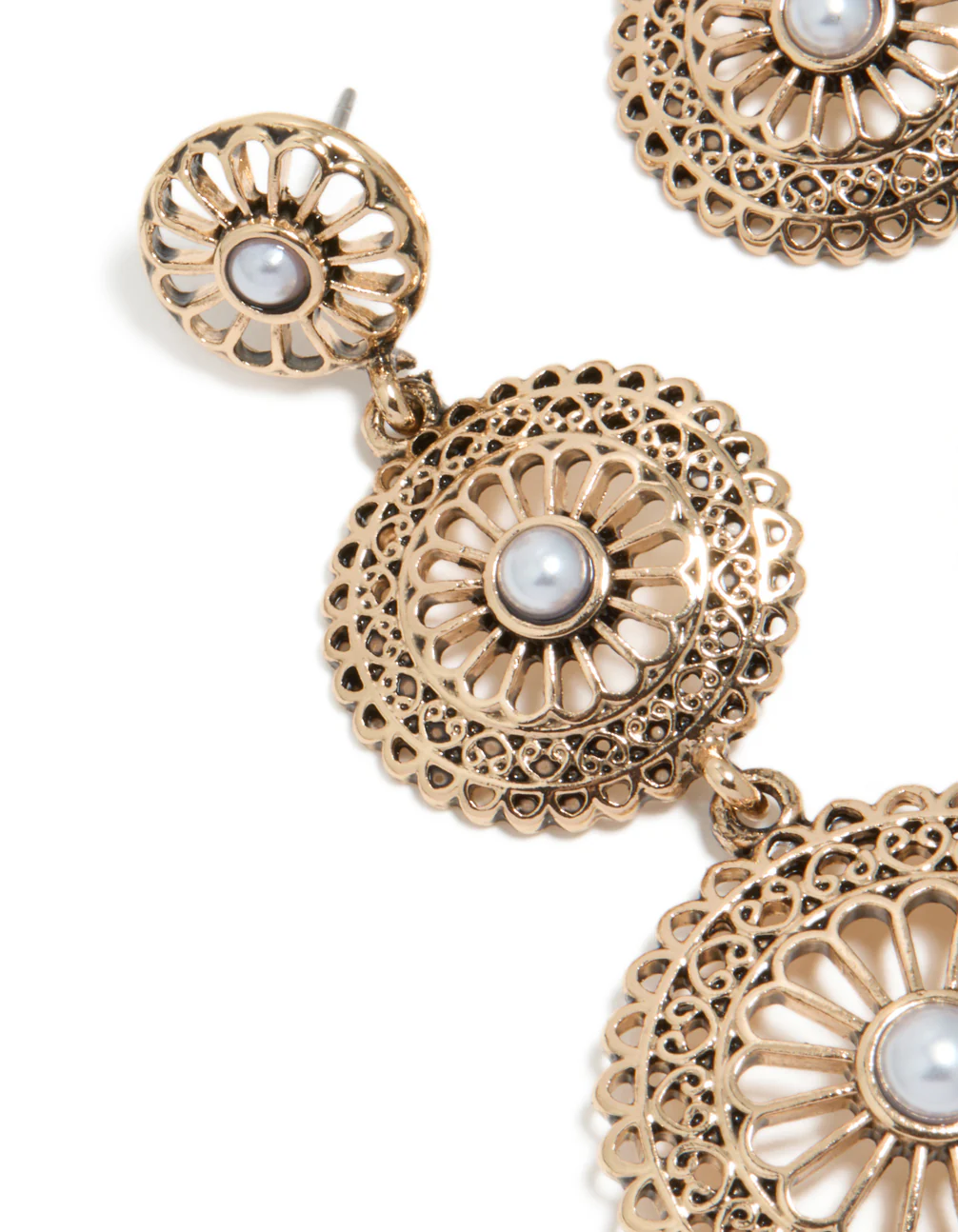 Antique Gold Graduating Disc & Pearl Drop Earrings - Image 4