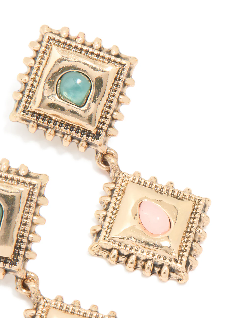 Antique Gold Pink & Blue Stone Square Layered Drop Earrings - Image 3