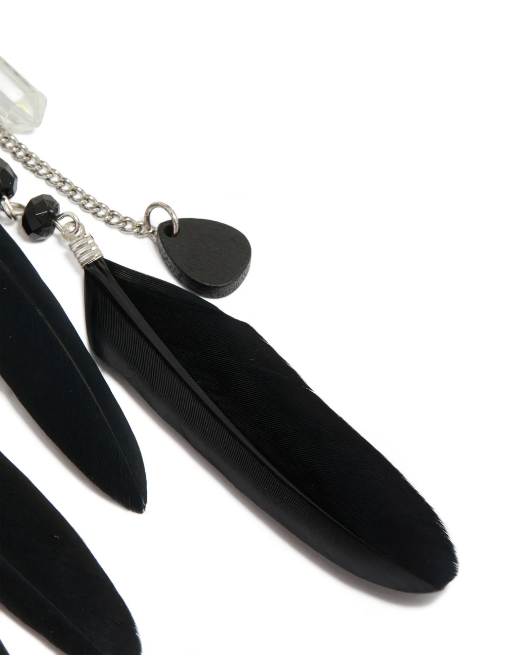 Antique Silver Black Feather & Chain Drop Earrings - Image 3