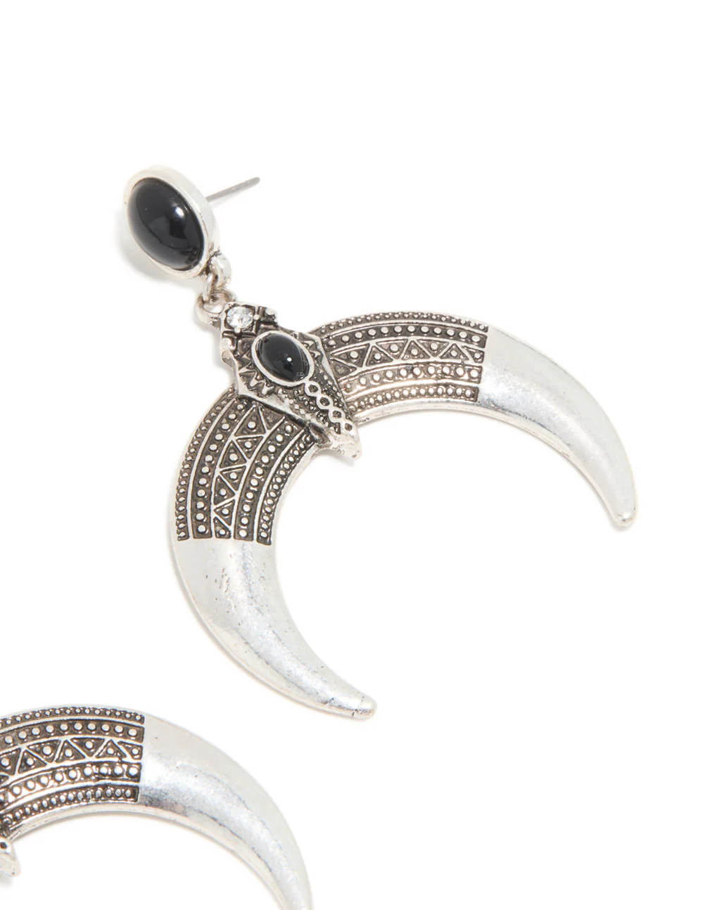 Antique Silver Black Stone Moon Drop Statement Earrings - Image 5