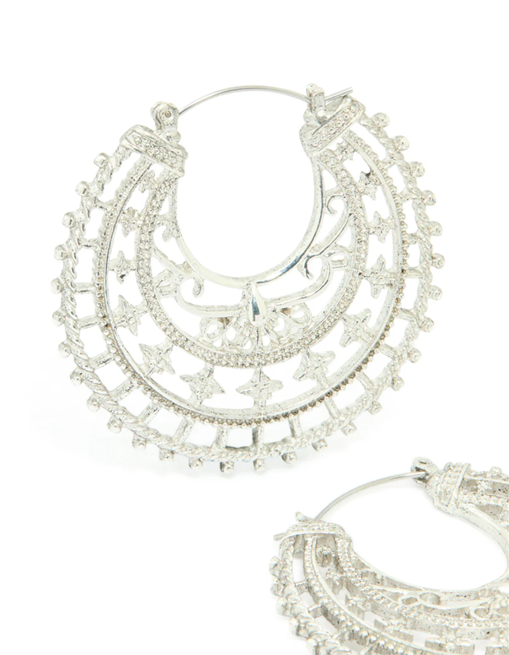 Antique Silver Boho Decorative Hoop Earrings - Image 2