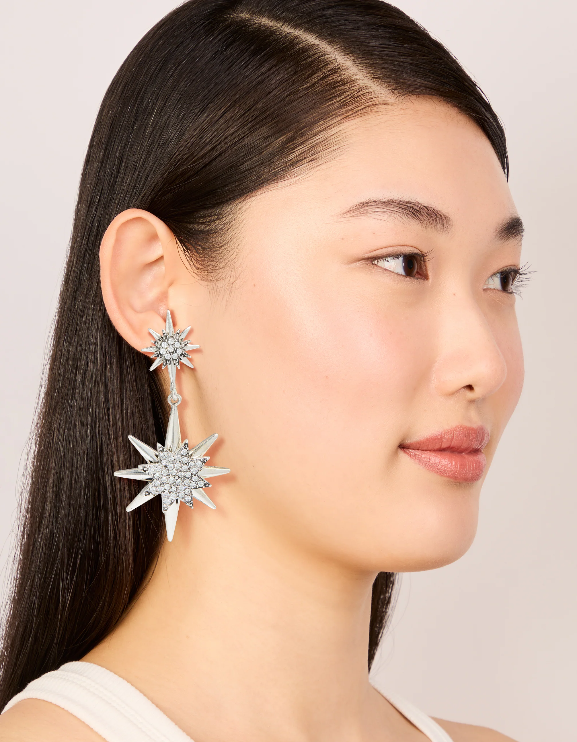 Antique Silver Diamante Asymetrical Star & Moon Drop Earrings - Image 3