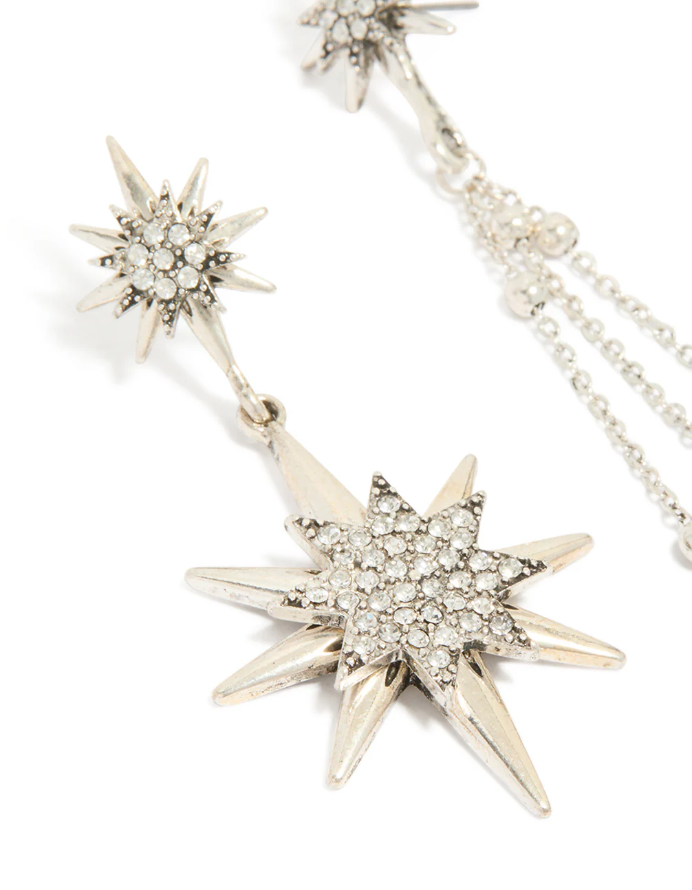 Antique Silver Diamante Asymetrical Star & Moon Drop Earrings - Image 4