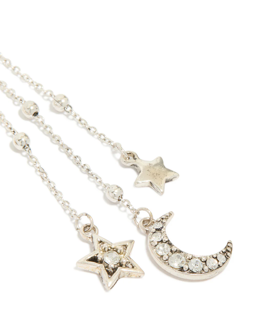Antique Silver Diamante Asymetrical Star & Moon Drop Earrings - Image 5