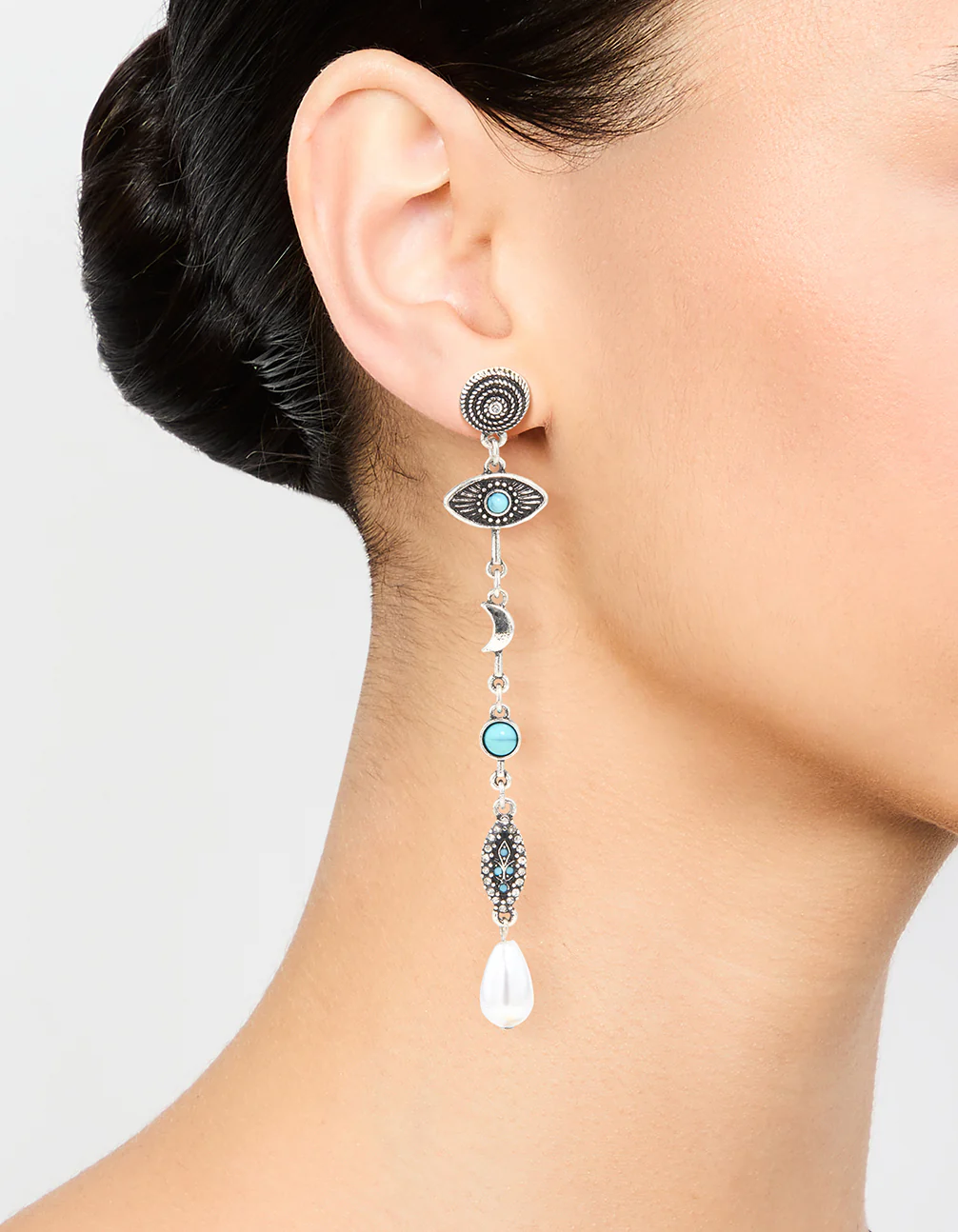 Antique Silver Pearl Turquoise Eye Drop Earrings - Image 2