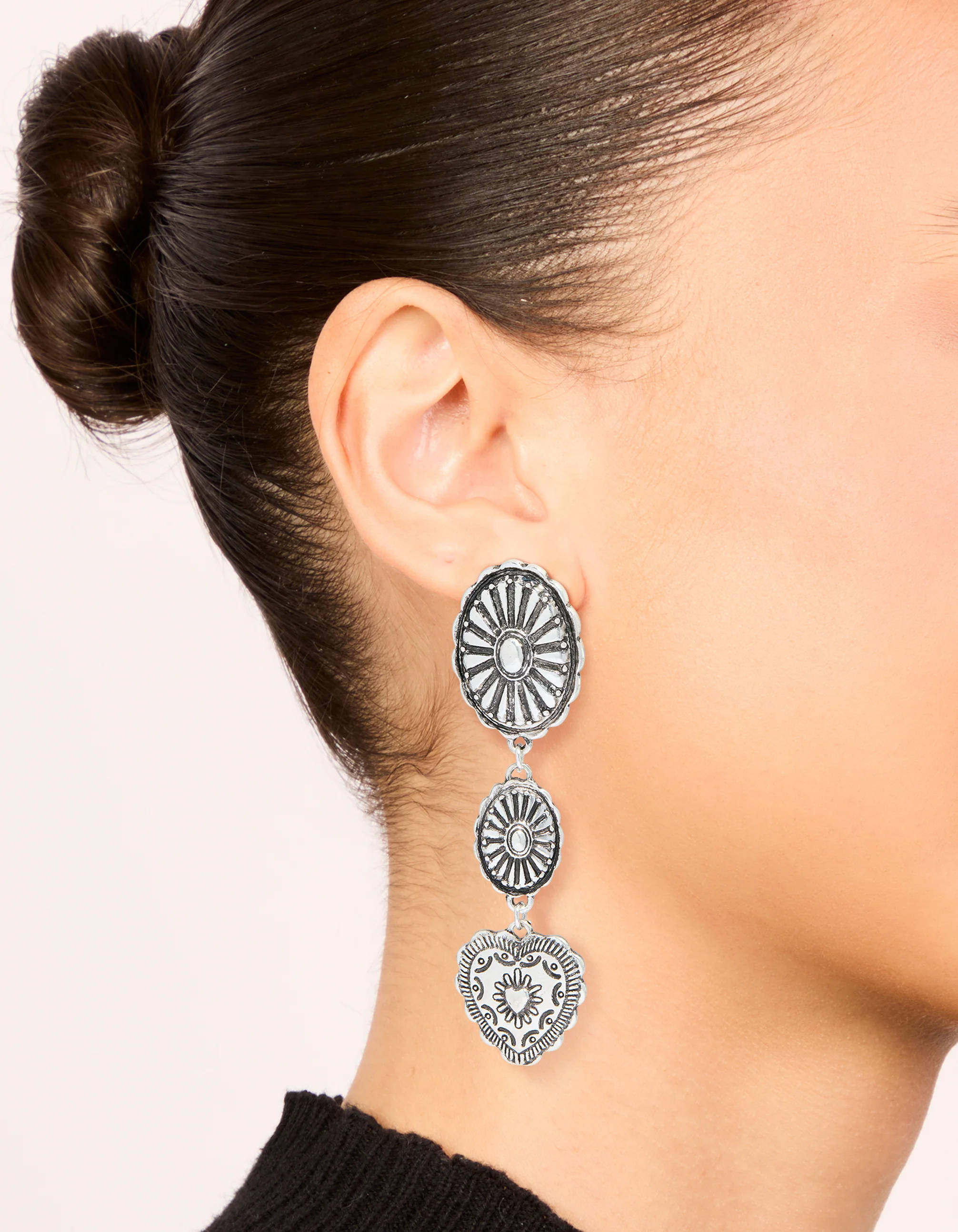 Antique Silver Textured Circle & Heart Drop Earrings