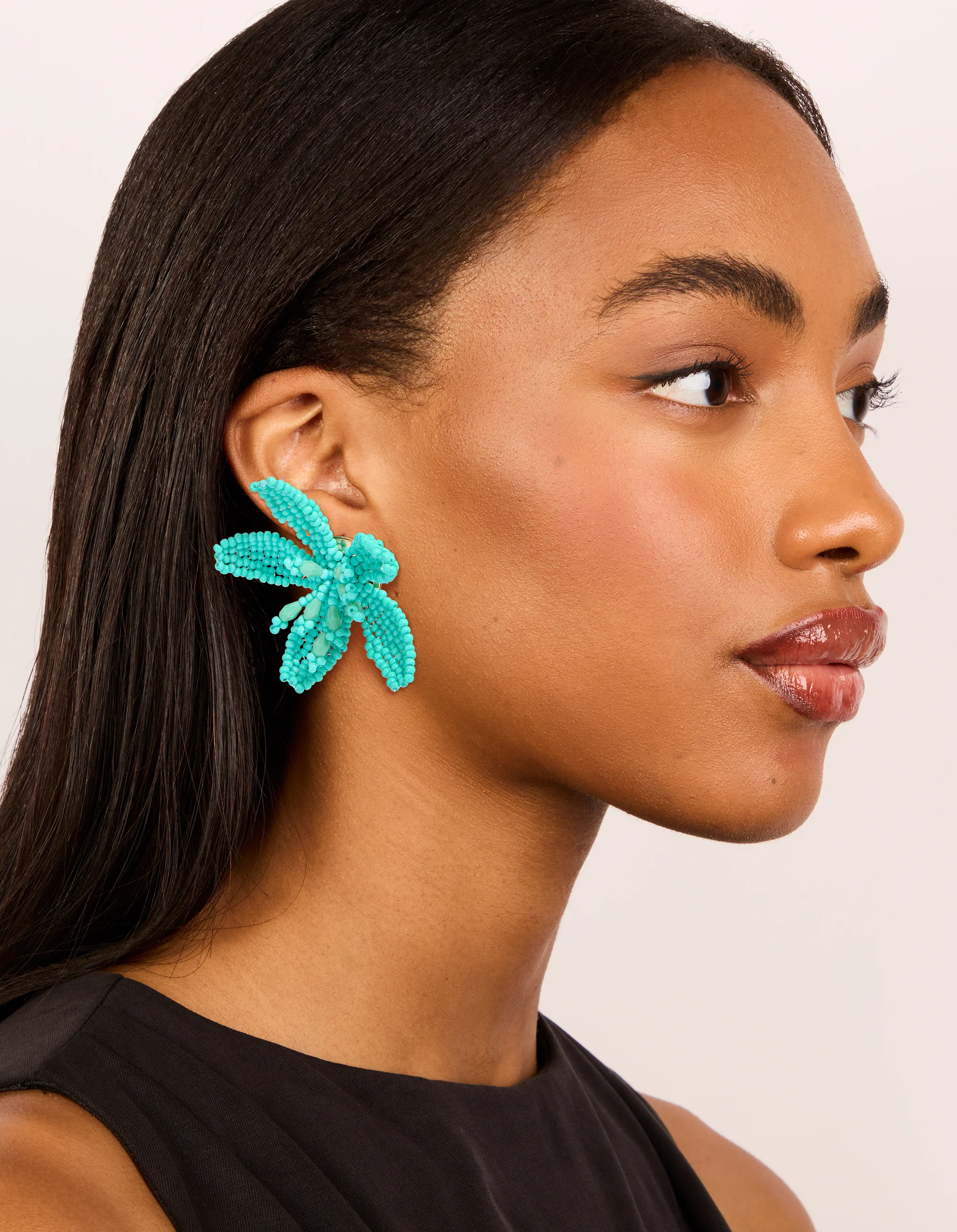 Aqua Beaded Statement Flower Stud Earrings - Image 3