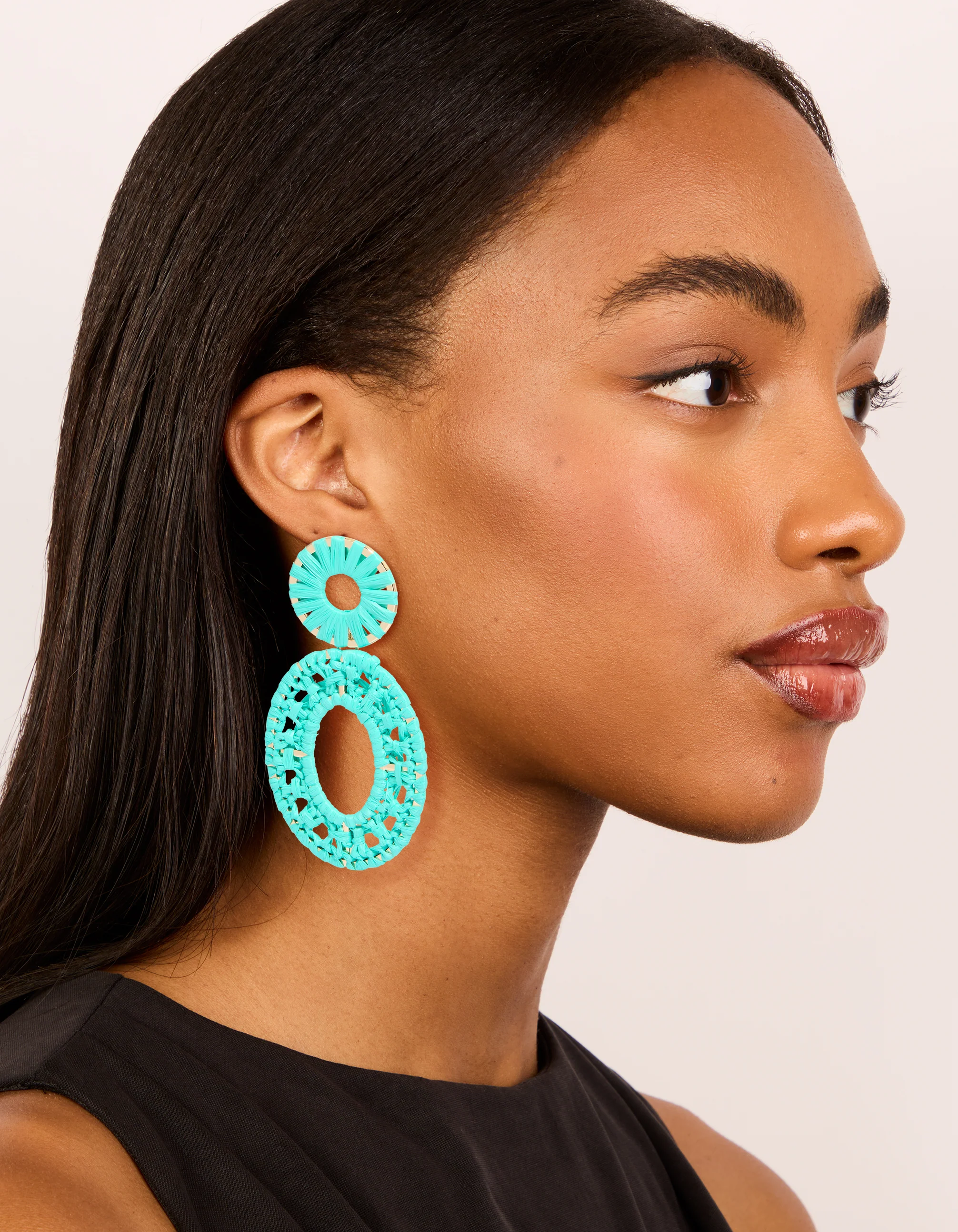 Aqua Blue Paper Patterned Oval Drop Earrings - Image 3