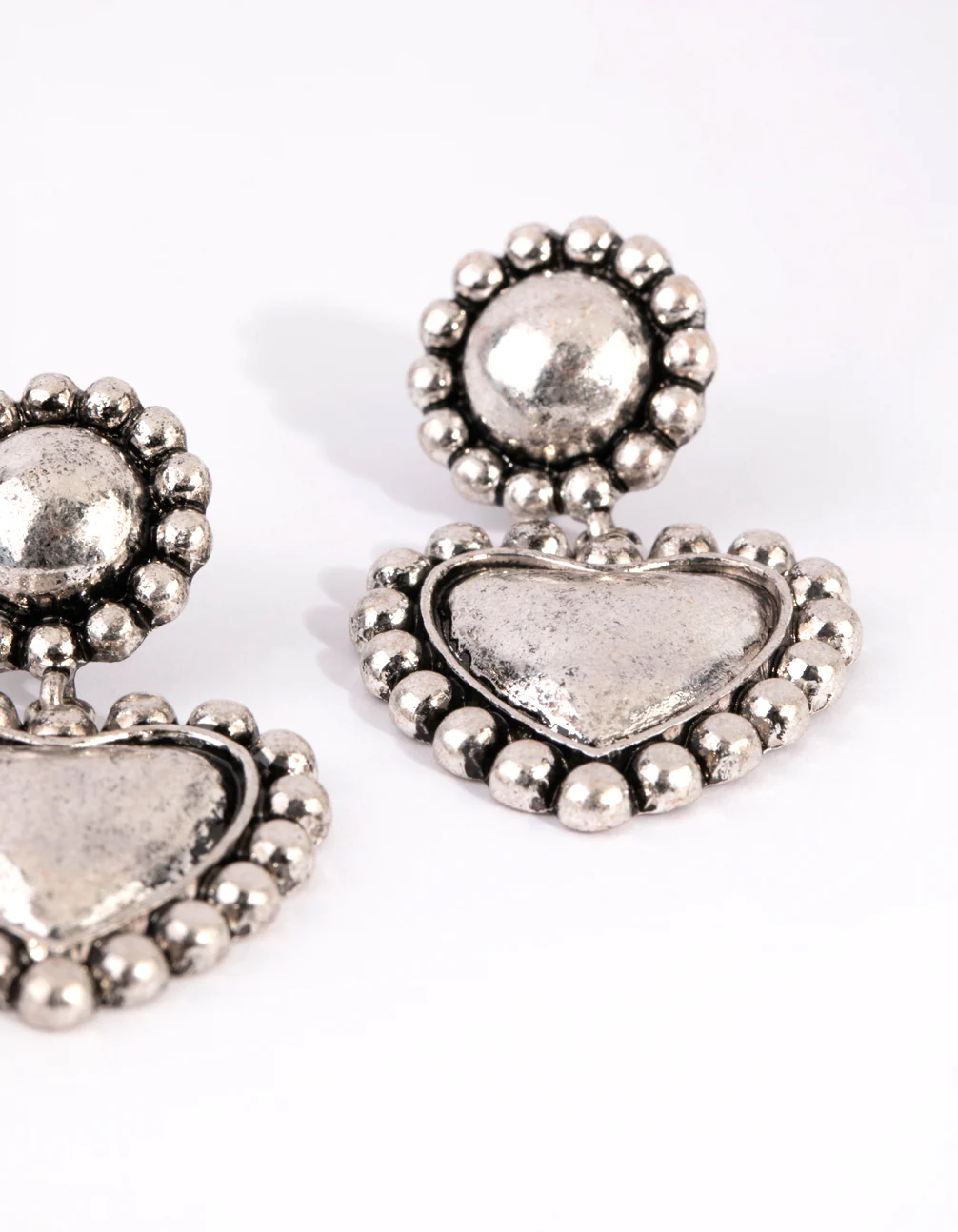 Antique Silver Heart & Sphere Drop Earrings - Image 2