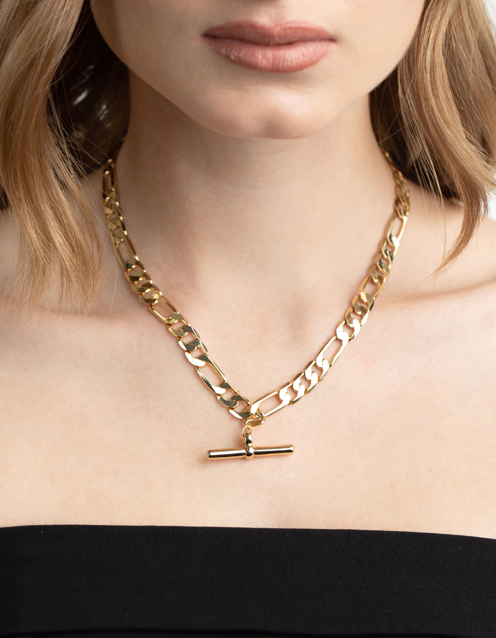 Gold Plated Fob Figaro Chain Necklace - Image 2