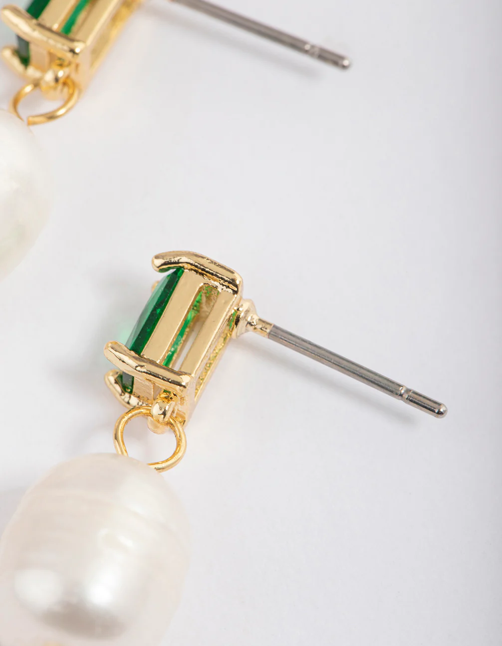 Gold Plated Cubic Zirconia Baguette Freshwater Pearl Drop Earrings - Image 2