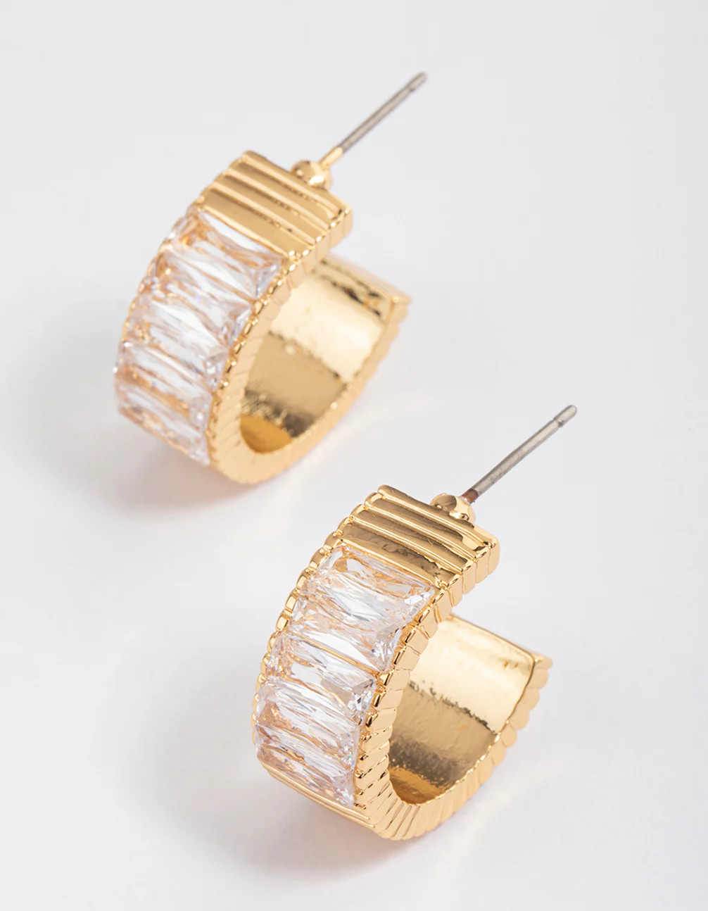 Gold Plated Cubic Zirconia Wide Baguette Hoop Earrings - Image 2