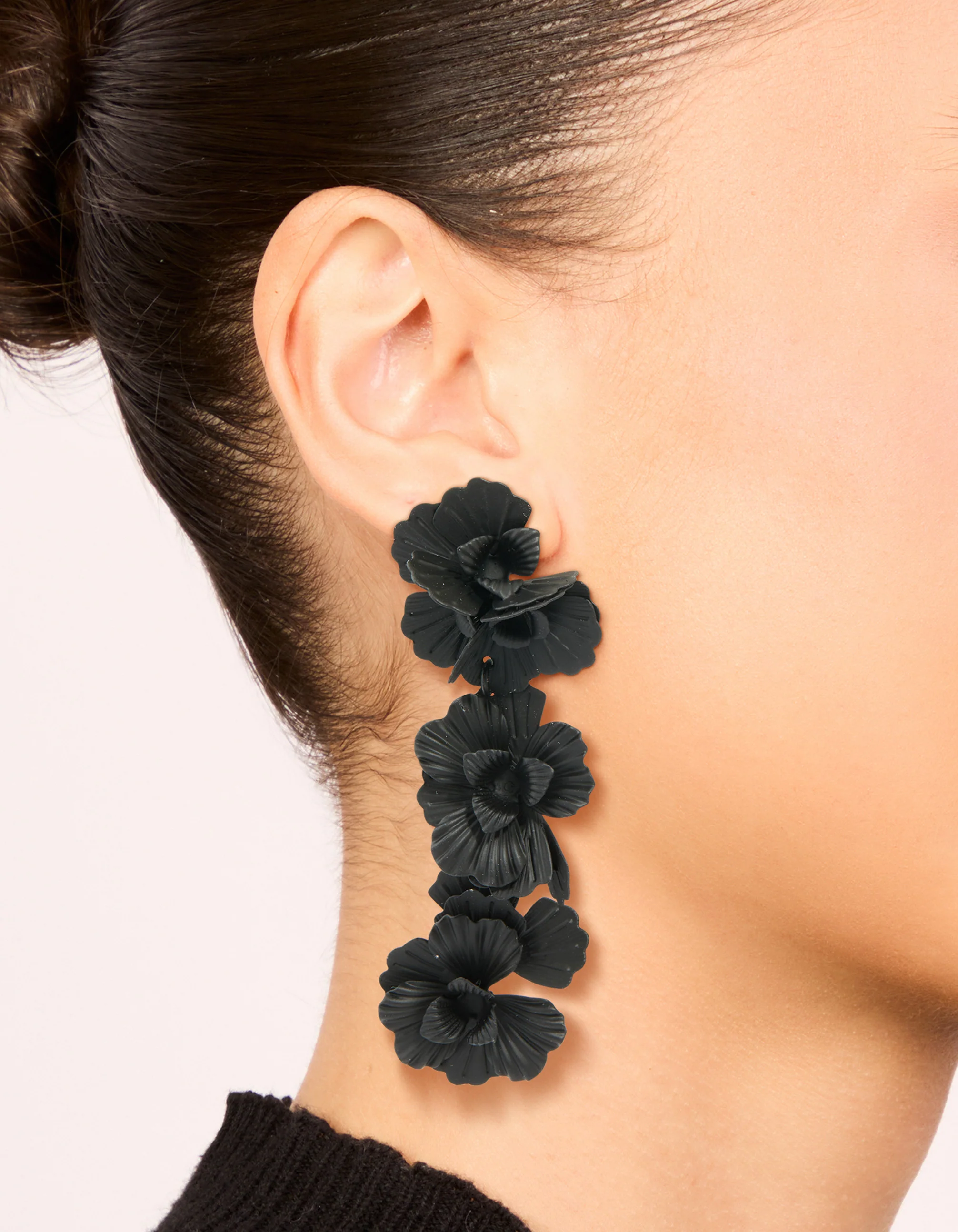 Black Coated Metal Floral Drop Earrings - Image 6