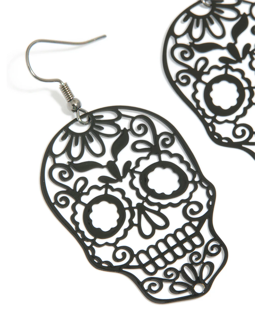 Black Coated Metal Skeleton Face Drop Earrings - Image 4