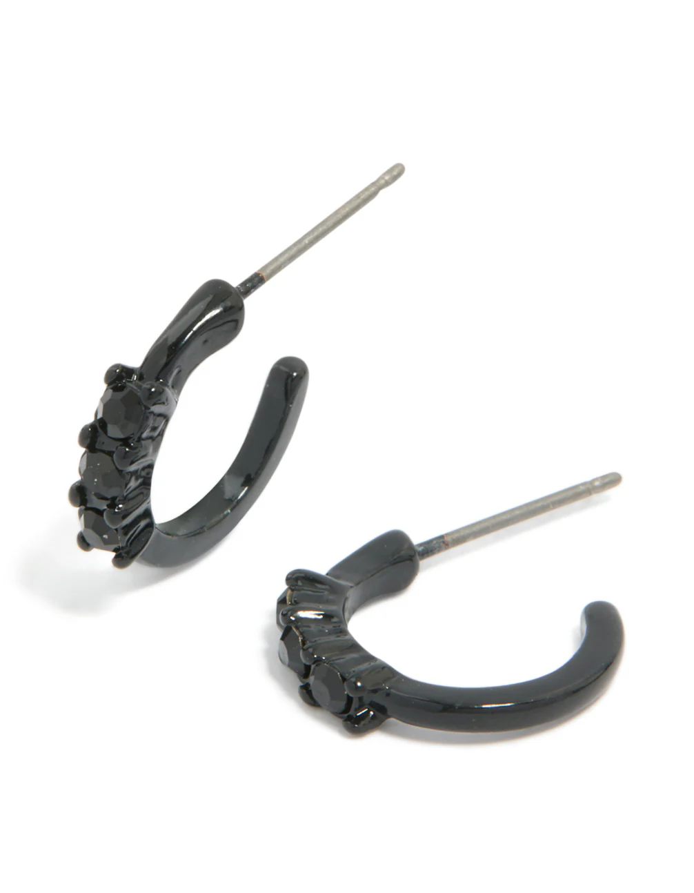 Black Coated Metal Triple Diamante Huggie Earrings