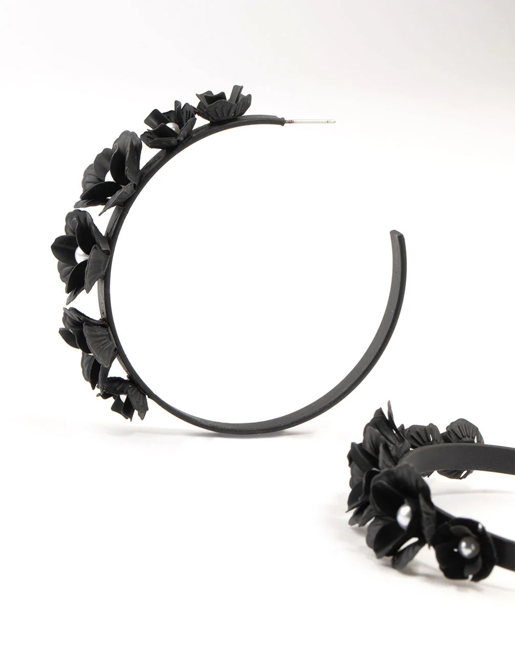 Black Plastic Floral Pearl Hoop Earrings - Image 2