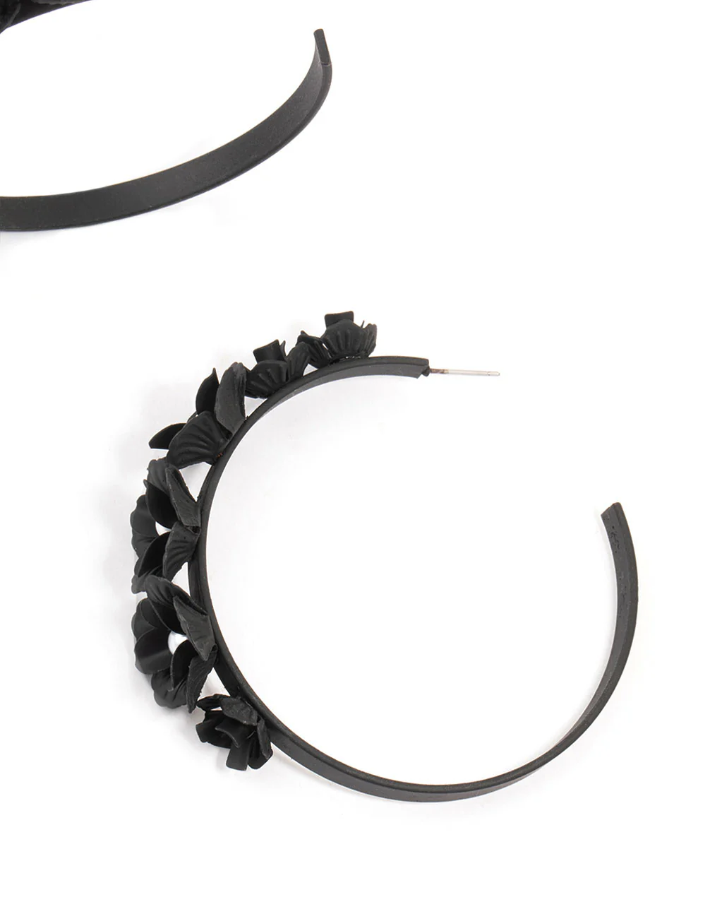 Black Plastic Floral Pearl Hoop Earrings - Image 3