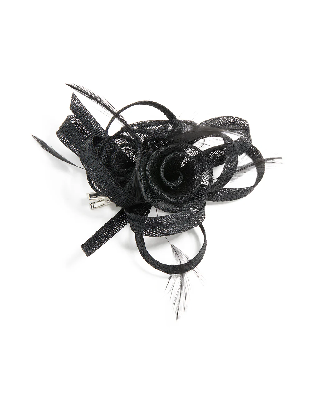 Black Sinamay Fabric Swirl & Feather Hair Clip