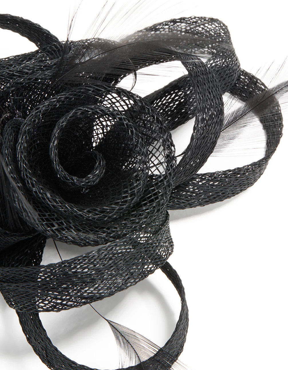 Black Sinamay Fabric Swirl & Feather Hair Clip - Image 2