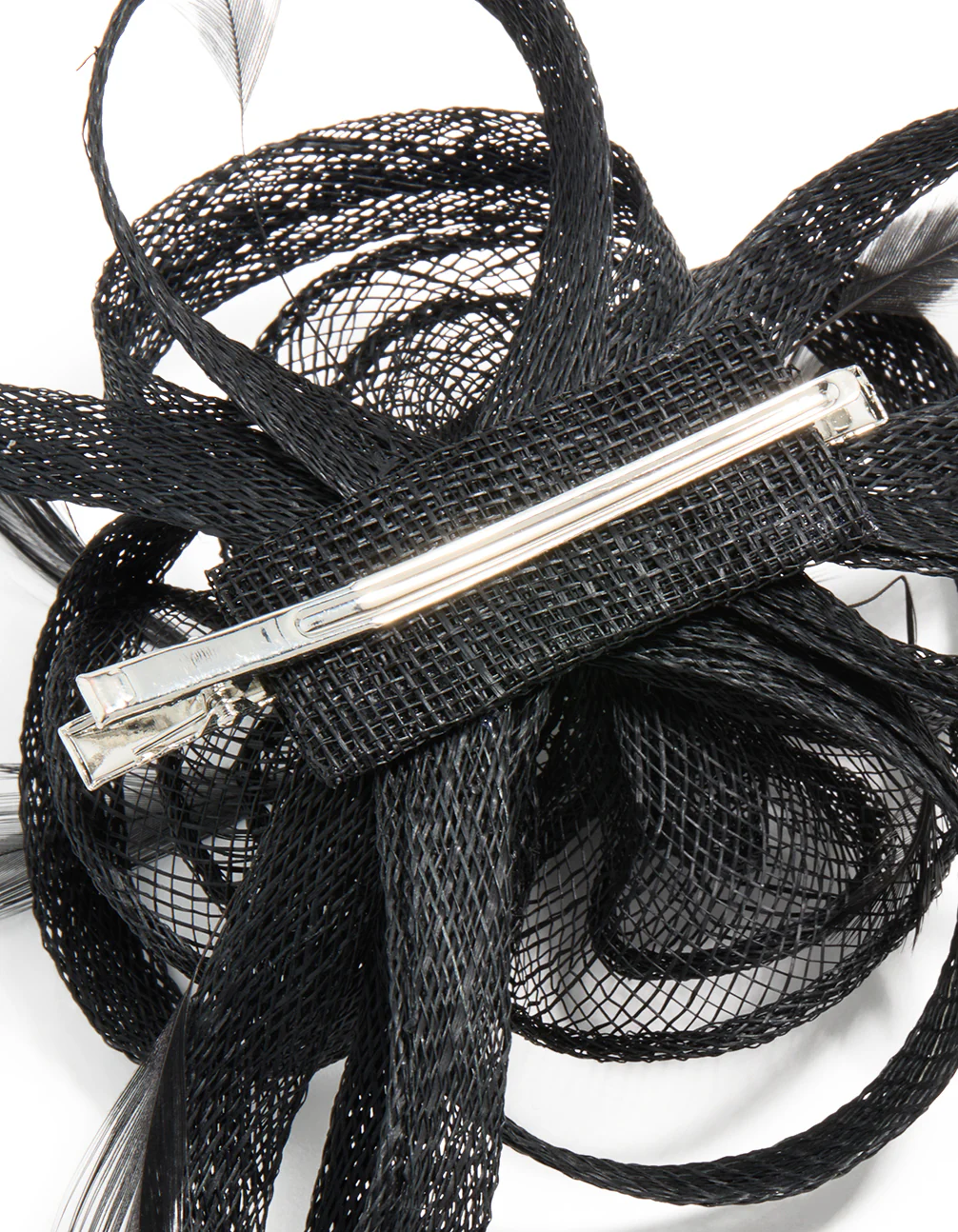 Black Sinamay Fabric Swirl & Feather Hair Clip - Image 3
