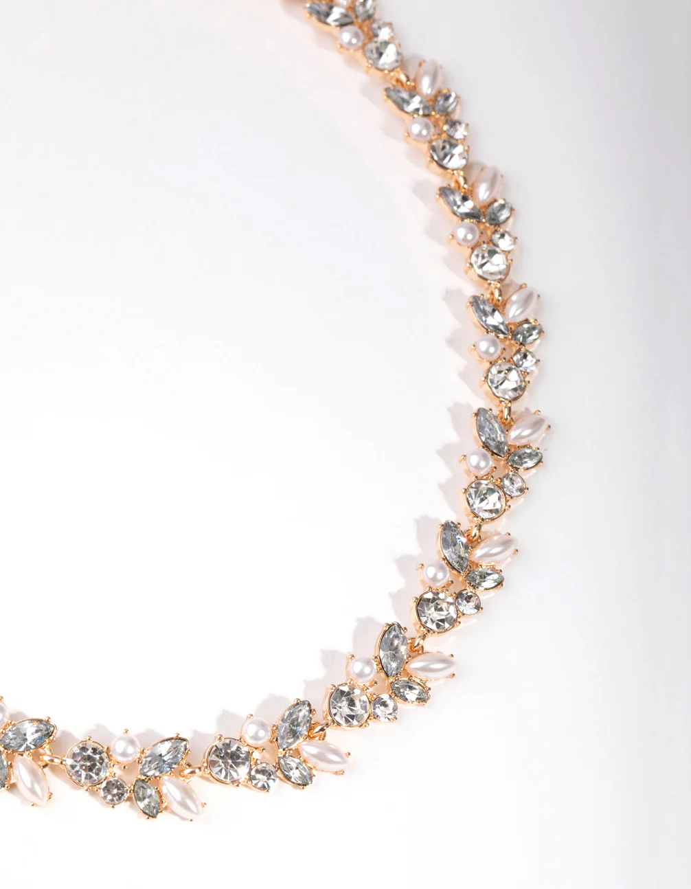 Gold Diamante Pearl Leaf Necklace