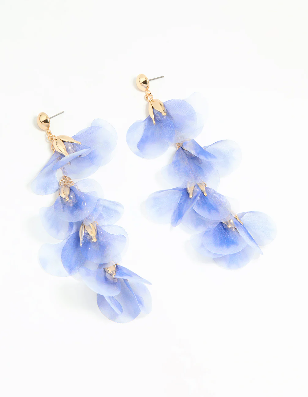 Blue Fabric Flower Chain Drop Earrings