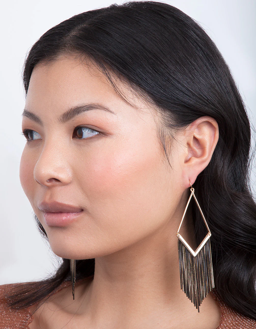 Gold Black Chain Tassel Earrings - Image 2