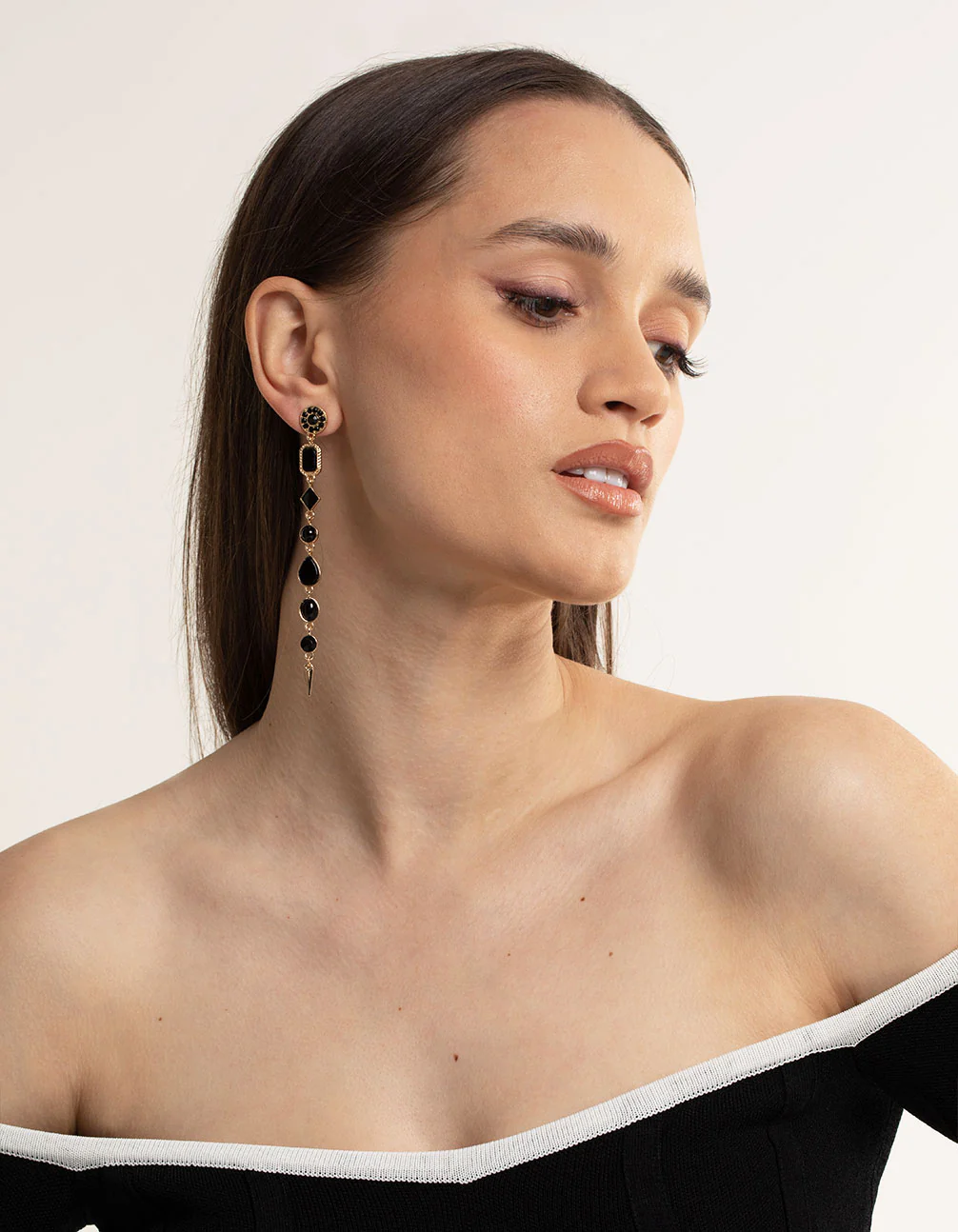 Black & Gold Long Mixed Stone Drop Earrings - Image 3