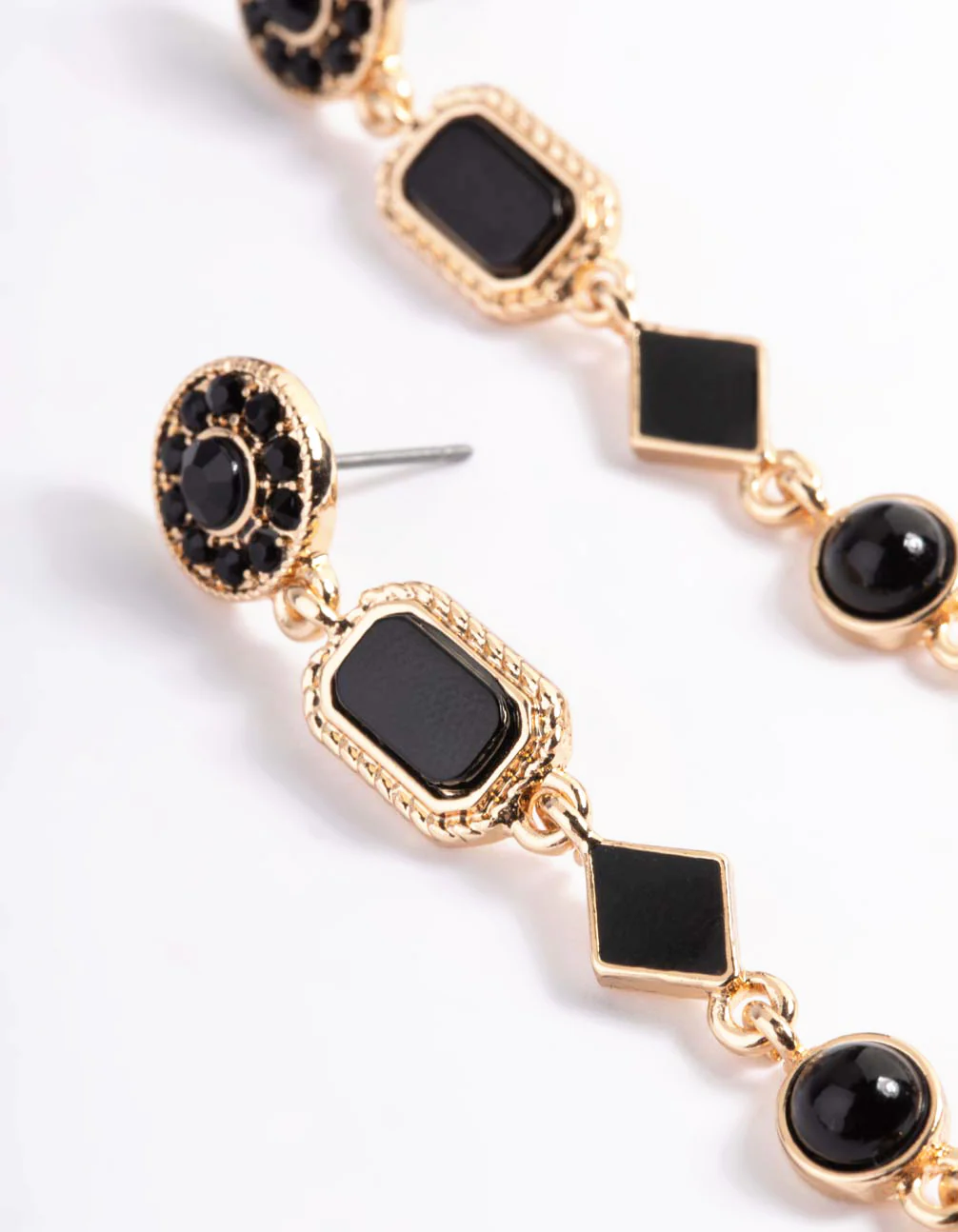 Black & Gold Long Mixed Stone Drop Earrings - Image 4