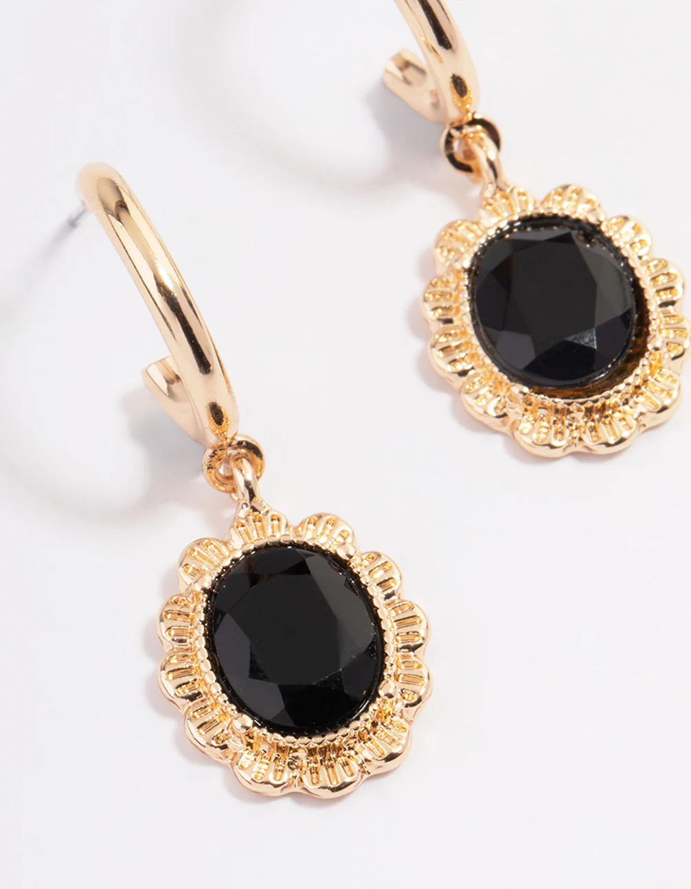Black Miligrain Stone Huggie Drop Earrings - Image 2