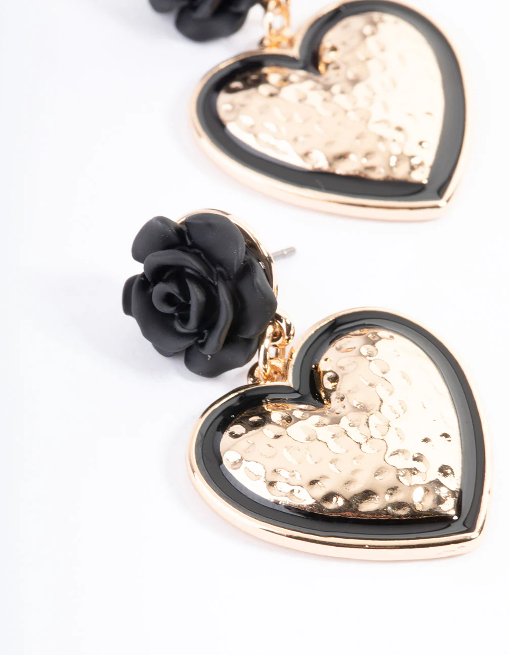 Gold Rose Drop Black Heart Earrings - Image 2