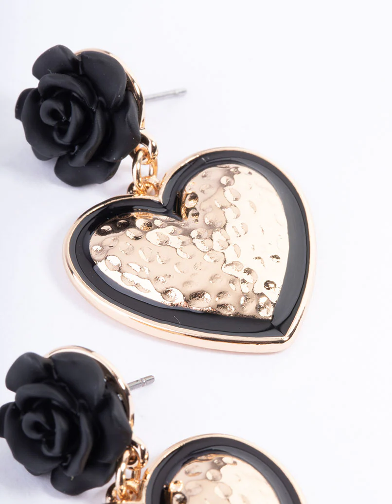 Gold Rose Drop Black Heart Earrings - Image 3
