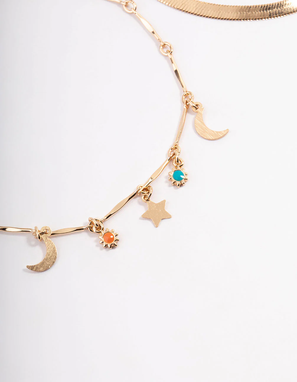 Gold Double Layer Herringbone Charm Anklet - Image 2