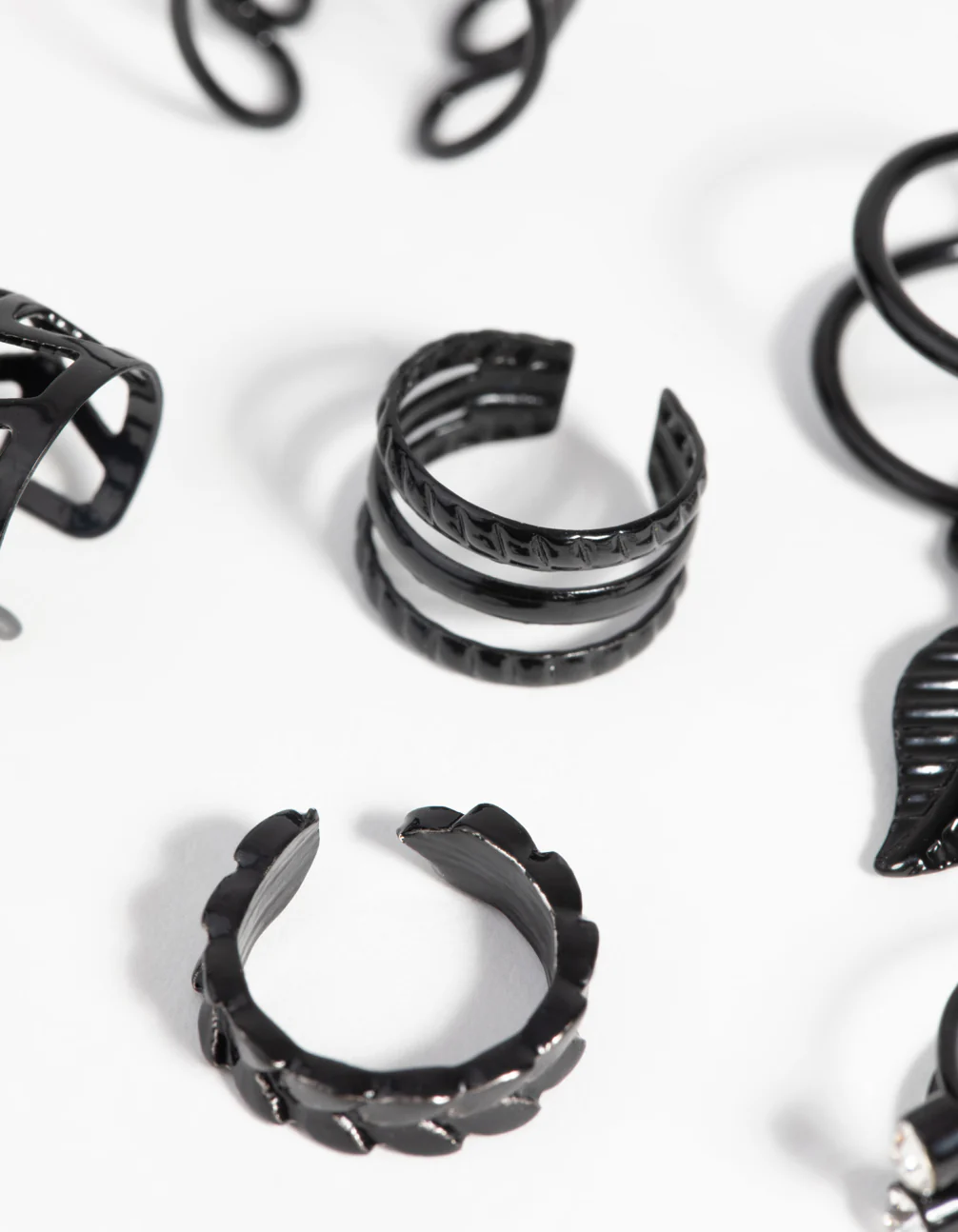Matte Black Textured Leaf Ear Cuff Earring 6-Pack - Image 2