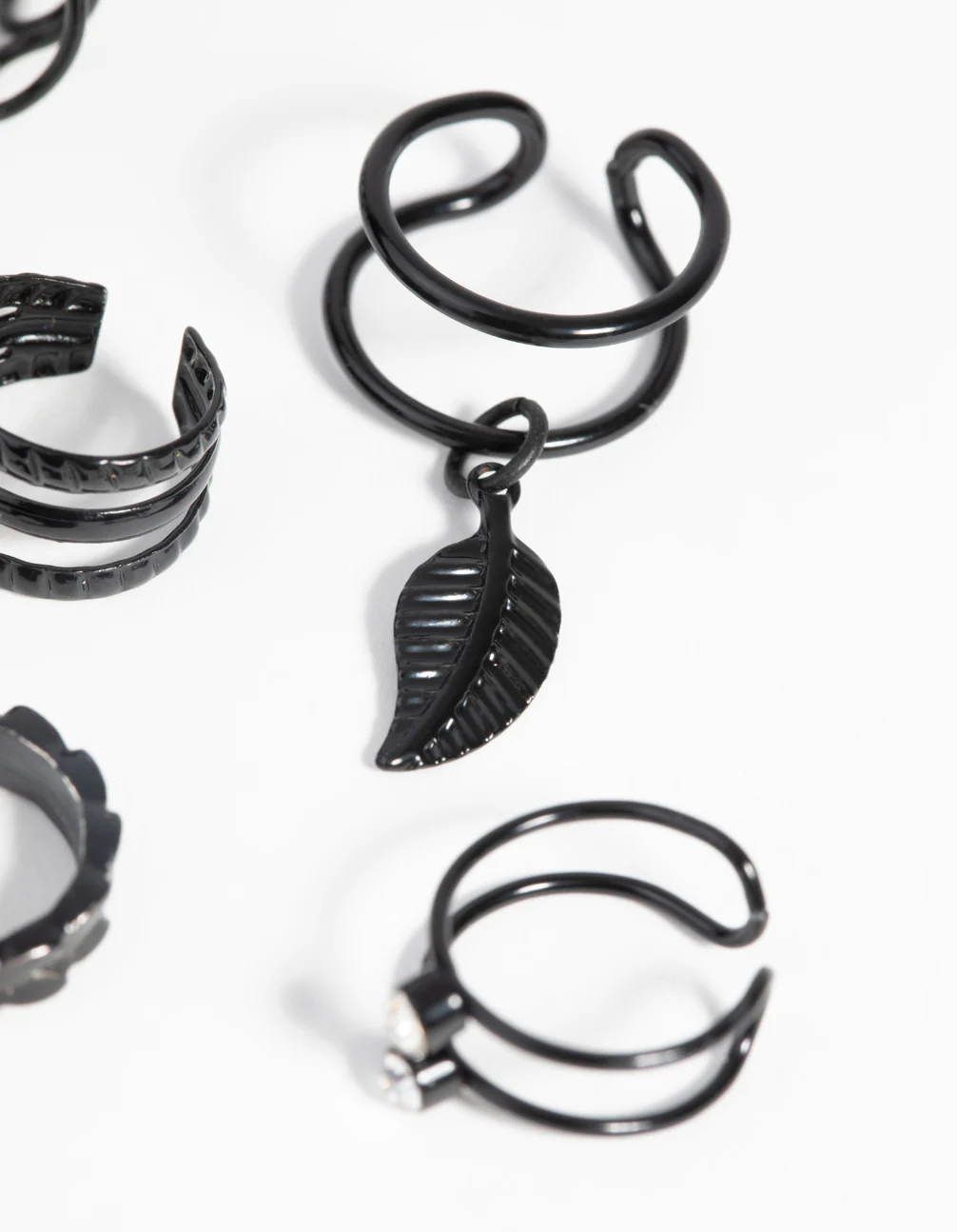 Matte Black Textured Leaf Ear Cuff Earring 6-Pack - Image 3