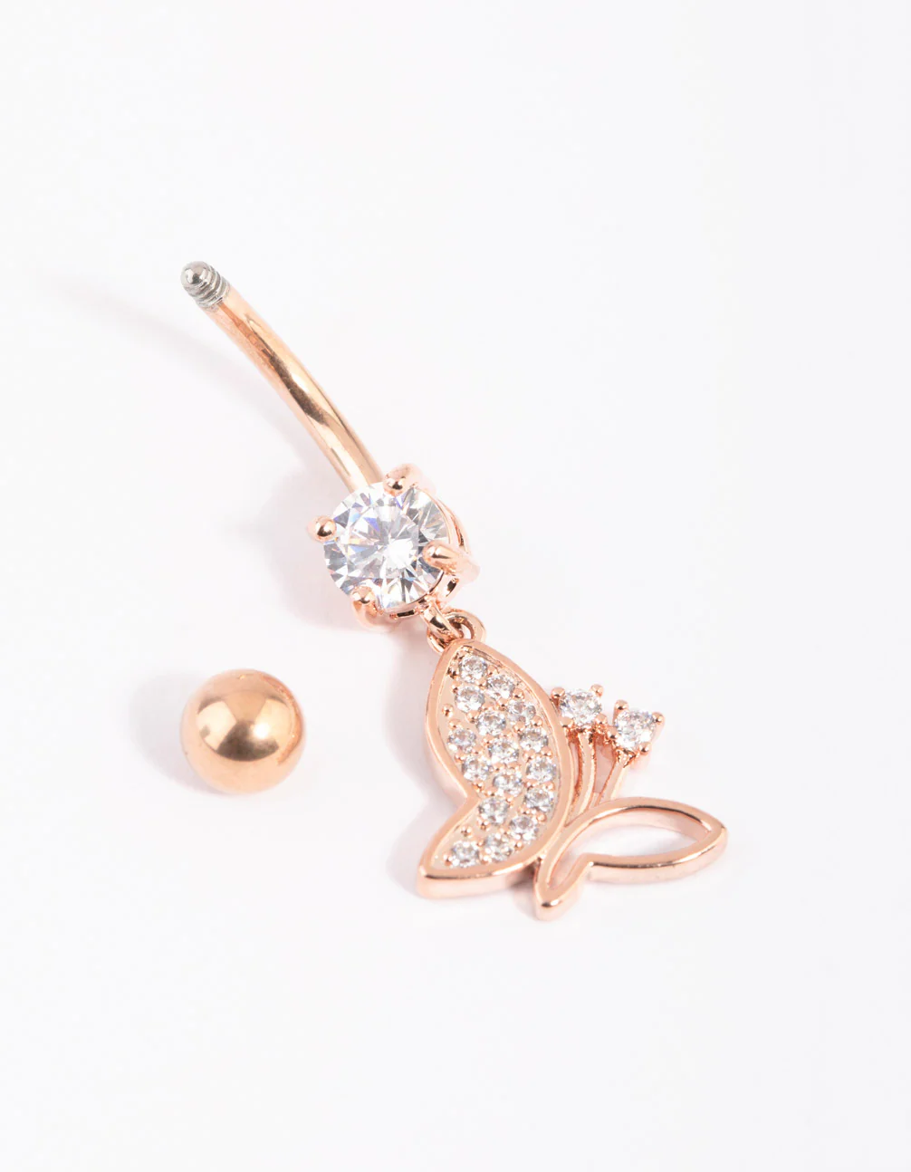 Rose Gold Surgical Steel Crystal Butterfly Belly Bar - Image 3