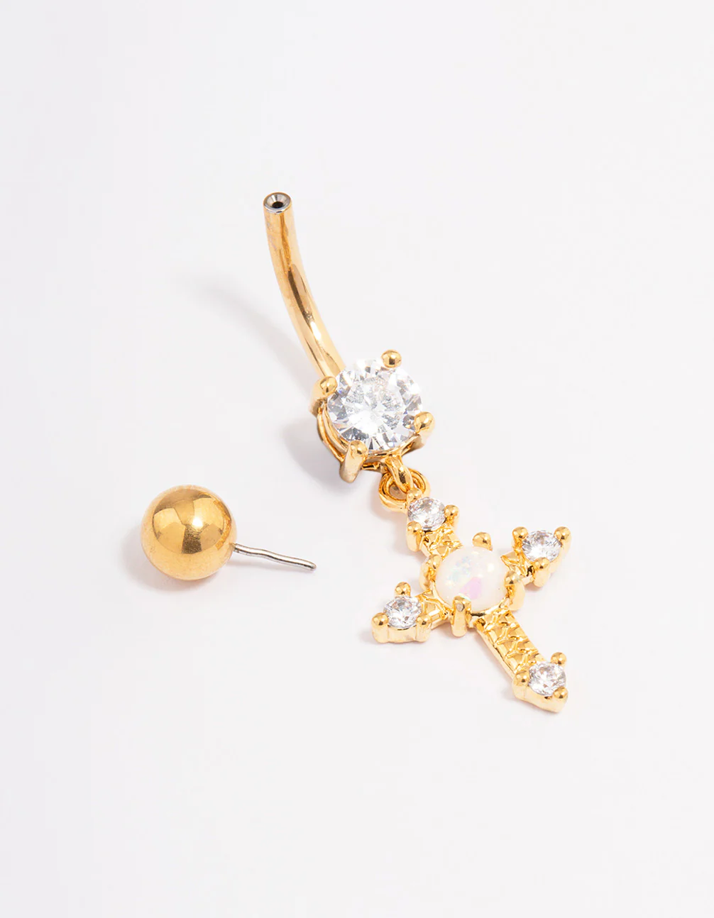 Gold Plated Surgical Steel Cubic Zirconia Opal Cross Threadless Belly Bar - Image 2