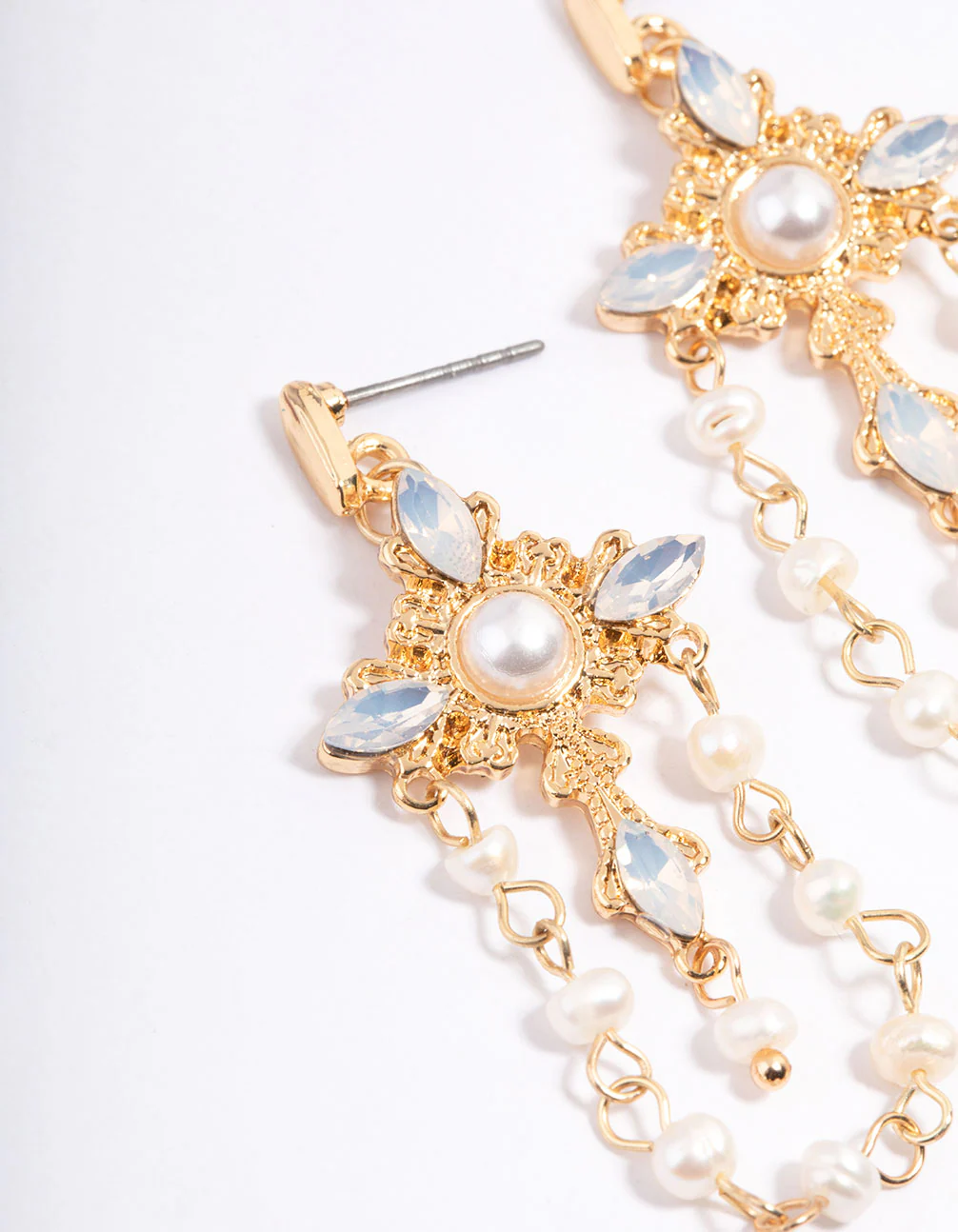 Gold Plated Embellished Freshwater Pearl Cross Earrings - Image 2