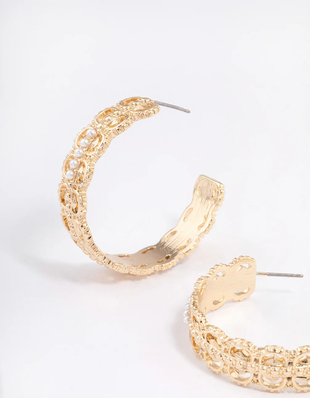Gold Plated Large Ornate Pearl Hoop Earrings - Image 2