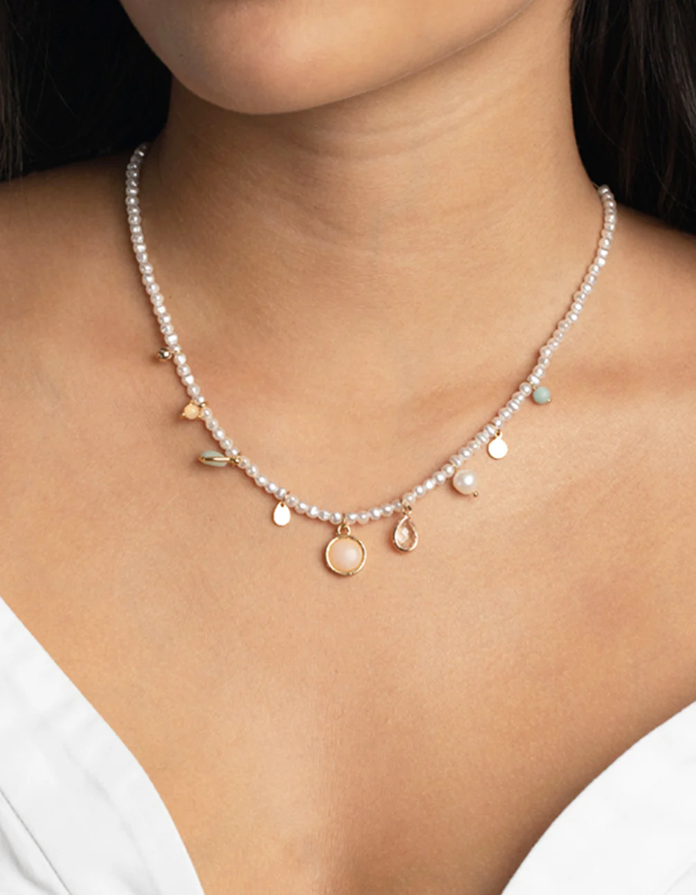Gold Plated Charm Necklace with Freshwater Pearls - Image 2