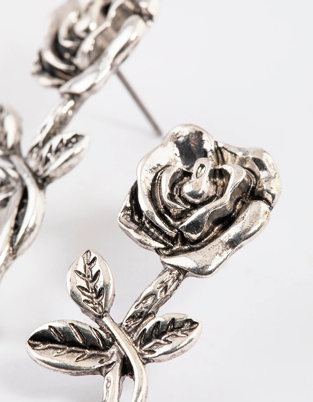 Antique Silver Gothic Flower Stud Earrings - Image 2