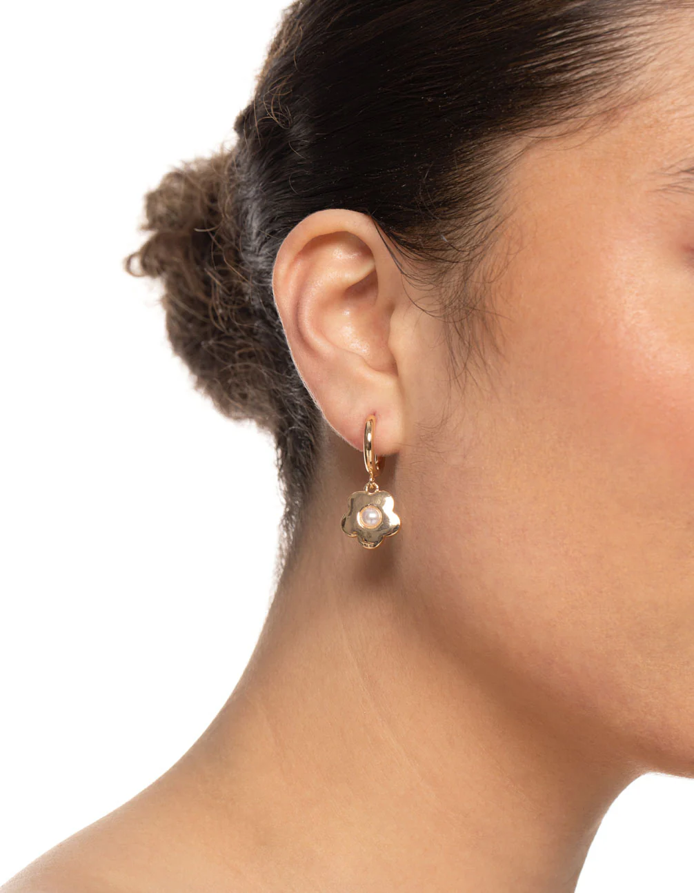 Gold Daisy Pearl Huggie Earrings - Image 2
